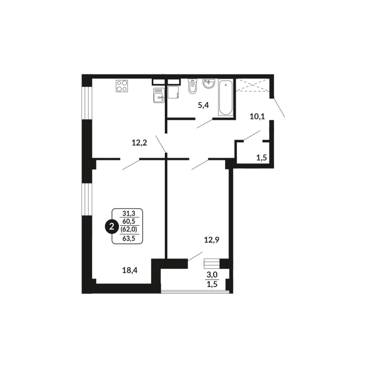 2-комнатная, 62 м², жилая: 60.5 м², кухня: 12.2 м²