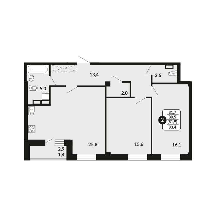 2-комнатная, 81.9 м², жилая: 80.5 м², кухня: 25.8 м²